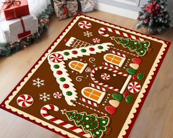 Gingerbread House Christmas Rug, Candy Cane Holiday Carpet, Washable Non-Slip Kids Playroom Decor