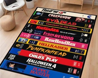 Horror VHS Tape Area Rug, Retro Slasher Film Decor, Washable Halloween Room Carpet