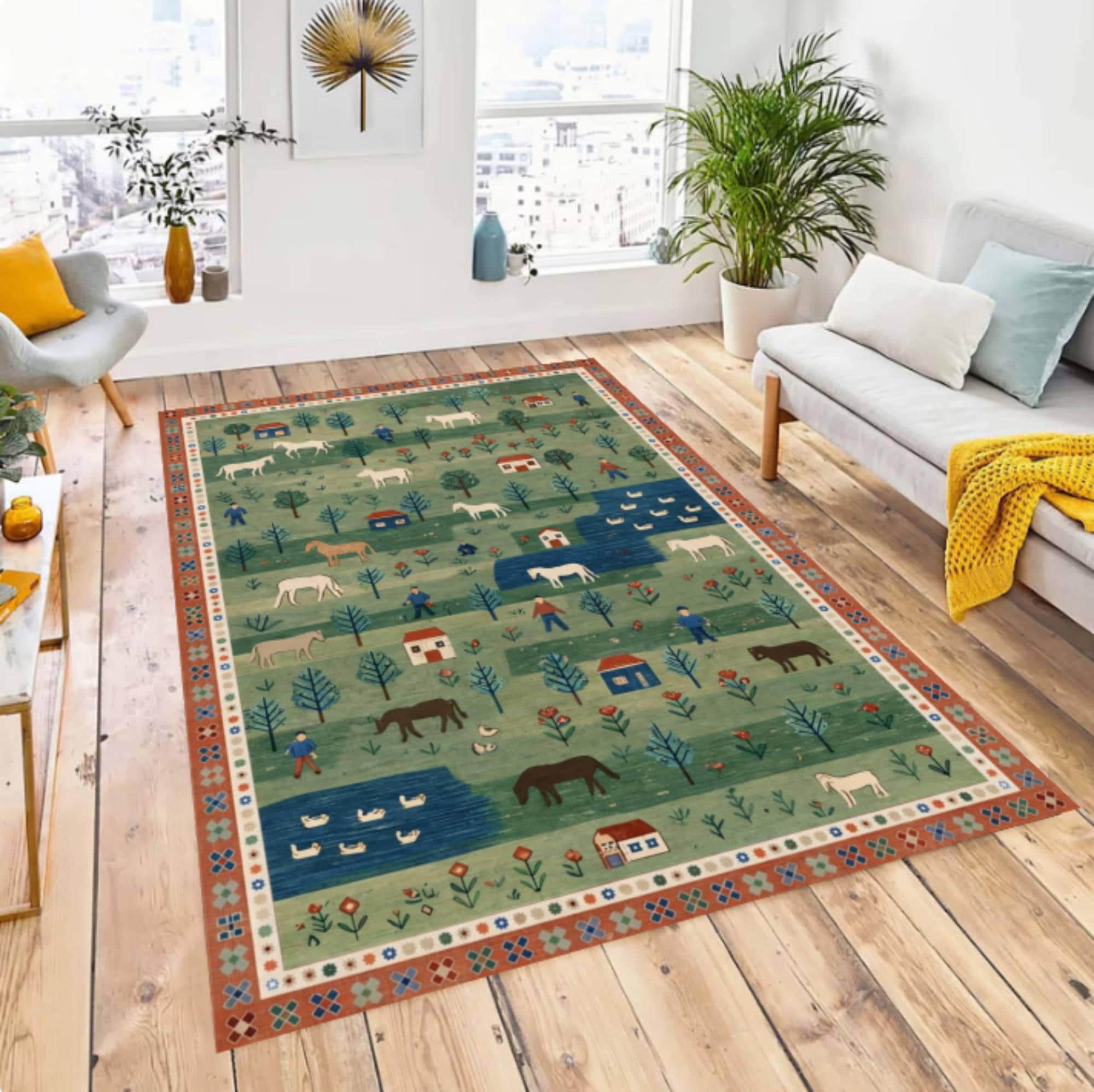 Folk Art Pastoral Scene Area Rug, Farmhouse Country Landscape Carpet ...