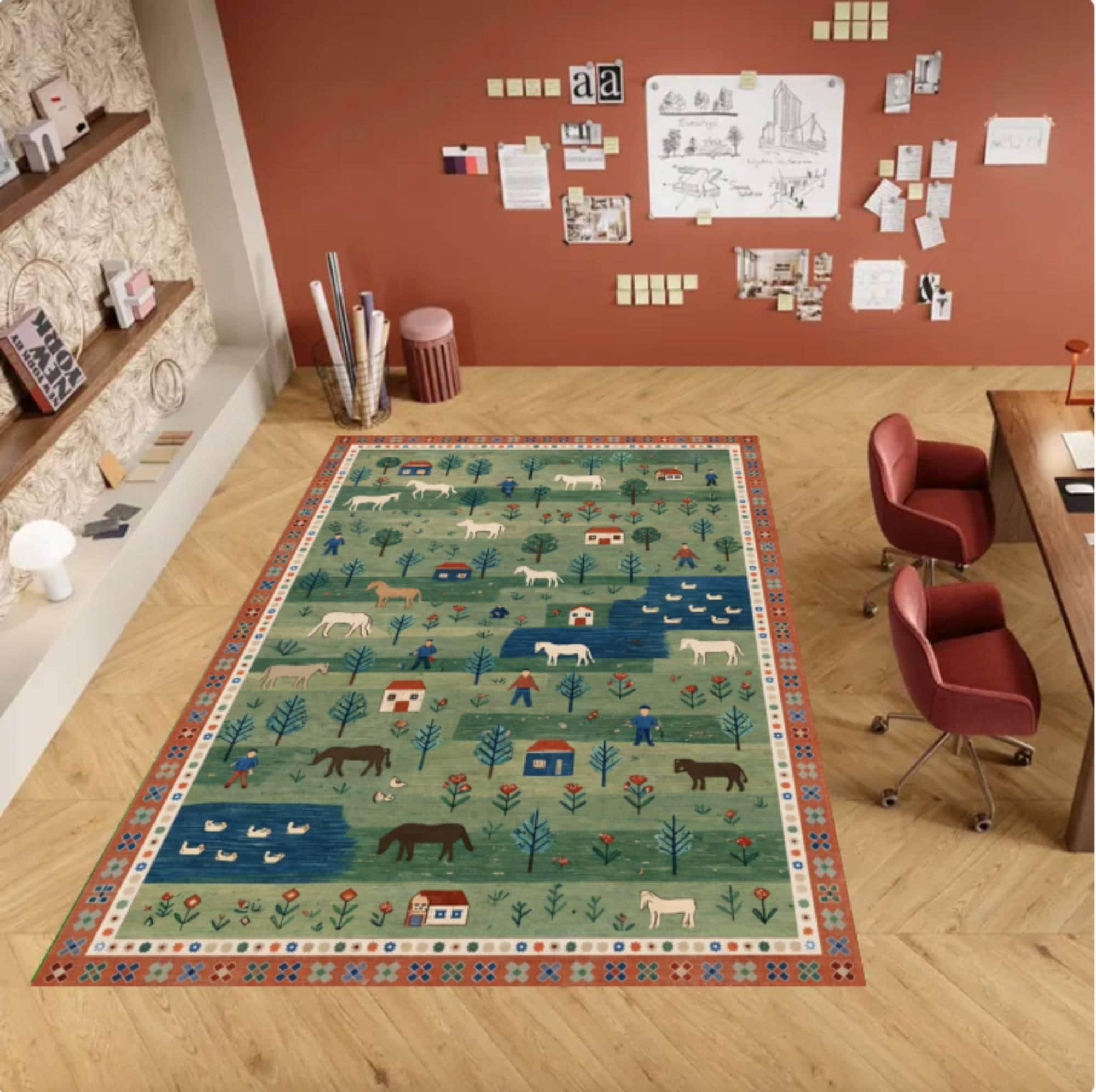 Folk Art Pastoral Scene Area Rug, Farmhouse Country Landscape Carpet ...