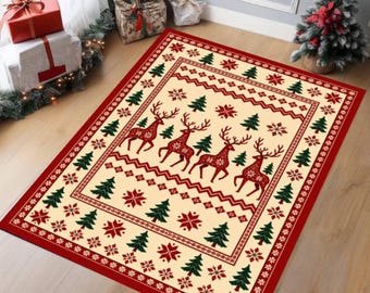 Reindeer Christmas Rug, Nordic Holiday Decor, Washable Non Slip Carpet