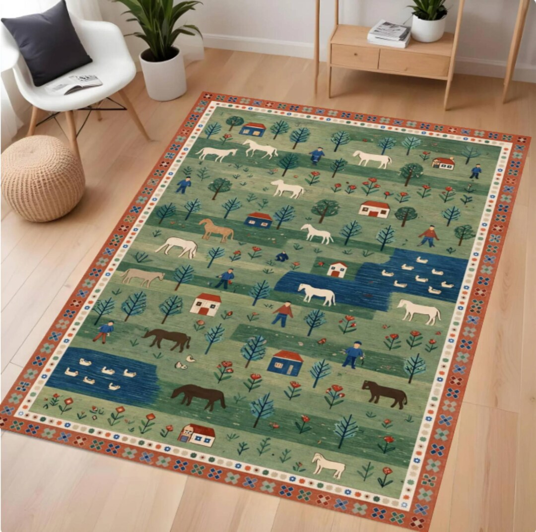 Folk Art Pastoral Scene Area Rug, Farmhouse Country Landscape Carpet ...