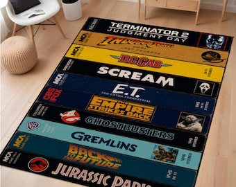 Retro VHS Movie Area Rug, 80s 90s Film Collection Carpet, Cinema Decor