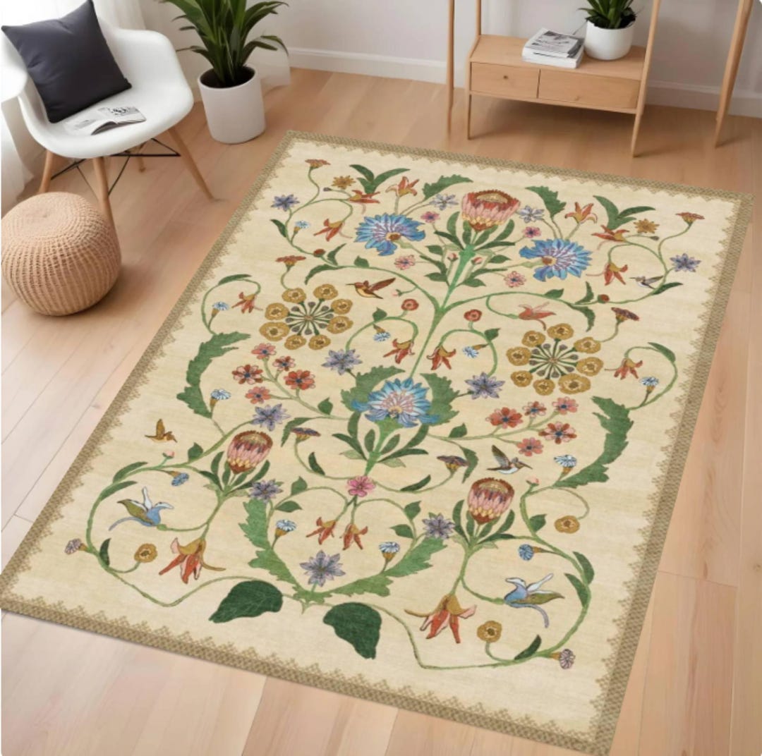 Vintage Botanical Area Rug, Cottagecore Floral Living Room Carpet ...