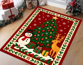 Christmas Tree Snowman Reindeer Holiday Area Rug, Washable Non-Slip Living Room Decor