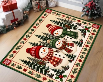 Festive Snowman Christmas Rug, Washable Non-Slip Farmhouse Decor