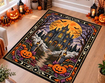 Haunted House Halloween Rug, Spooky Pumpkin Area Rug, Gothic Moon Carpet, Washable Non Slip Rug, Witchy Horror Decor, Dark Autumn Home