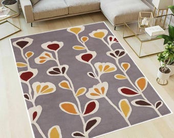 Modern Floral Area Rug, Scandinavian Flower Pattern Carpet, Washable Non Slip Rug, Grey Botanical Floor Rug for Living Room Bedroom Decor