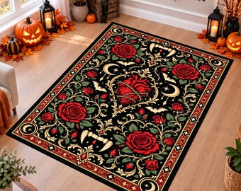 Gothic Vampire Rug, Red Rose Halloween Area Rug, Witchy Bat Carpet, Washable Non Slip Rug, Dark Romantic Decor, Spooky Gothic Home Decor