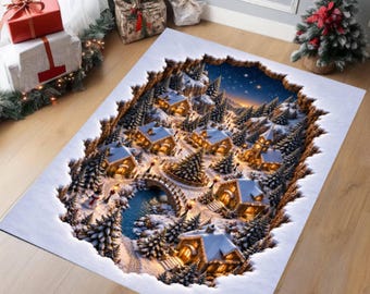 3D Illusion Christmas Village Rug, Washable Non-Slip Carpet, Winter Wonderland Decor