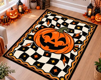 Halloween Pumpkin Rug, Jack O Lantern Area Rug, Retro Checkered Carpet, Washable Non Slip Rug, Spooky Fall Decor, Orange Black Halloween