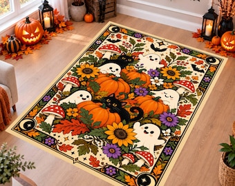 Halloween Ghost Rug, Pumpkin Black Cat Area Rug, Cute Spooky Carpet, Washable Non Slip Rug, Cottagecore Fall Decor, Witchy Autumn Home Decor