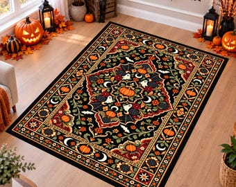 Halloween Ghost Rug, Gothic Pumpkin Area Rug, Vintage Floral Carpet, Washable Non Slip Rug, Spooky Fall Decor, Witchy Halloween Home Decor