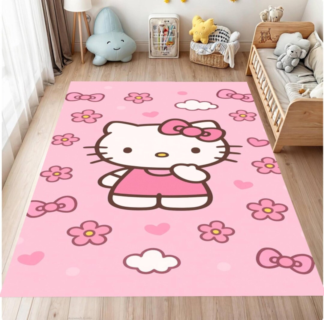Cute Pink Kitty Kids Rug, Kawaii Cartoon Nursery Area Carpet, Girls ...