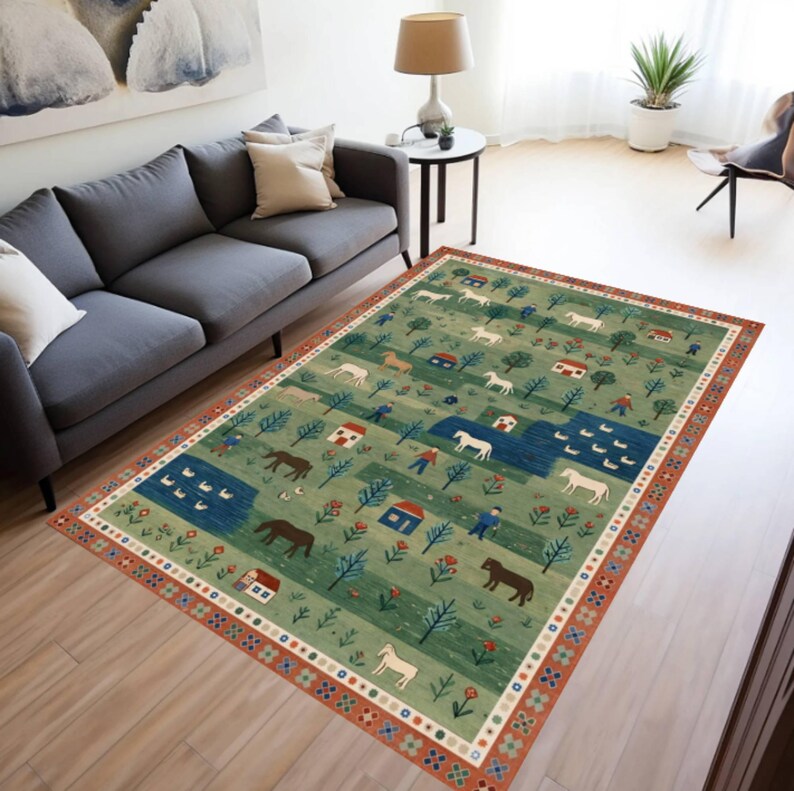 Folk Art Pastoral Scene Area Rug, Farmhouse Country Landscape Carpet ...
