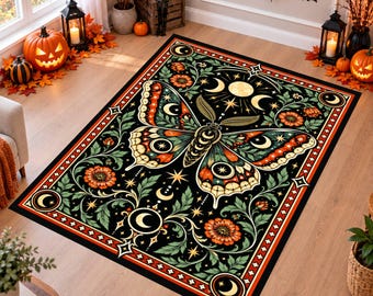 Halloween Moth Rug, Witchy Gothic Decor, Celestial Moon Area Rug, Spooky Halloween Carpet, Washable Non Slip Rug, Dark Floral Home Decor