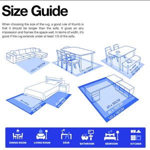May include: A white background with the text "Size Guide" at the top. The image shows diagrams of rugs with measurements in centimeters for different rooms, including a living room, dining room, and bedroom. The text explains how to choose the right rug size.