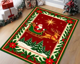 Santa Sleigh Christmas Rug, Reindeer Holiday Decor, Washable Non-Slip Carpet