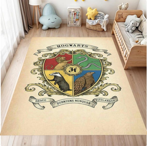 Wizard School Crest Rug, Vintage Magic Academy Emblem Carpet, Washable Area Rug, Non Slip Floor Mat, Fantasy Library Room Decor