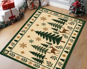 Christmas Deer Tree Rug, Washable Non-Slip Holiday Carpet, Rustic Farmhouse Decor