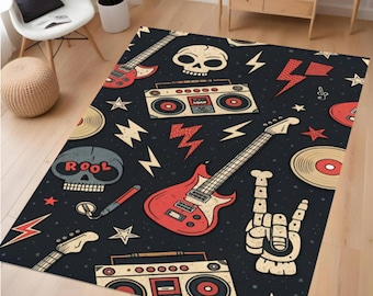 Rock Music Area Rug, Guitar Skull Rocker Carpet, Retro Music Decor Rug, Washable Non Slip Area Rug, Music Lover Room Decor, Modern Rock Rug