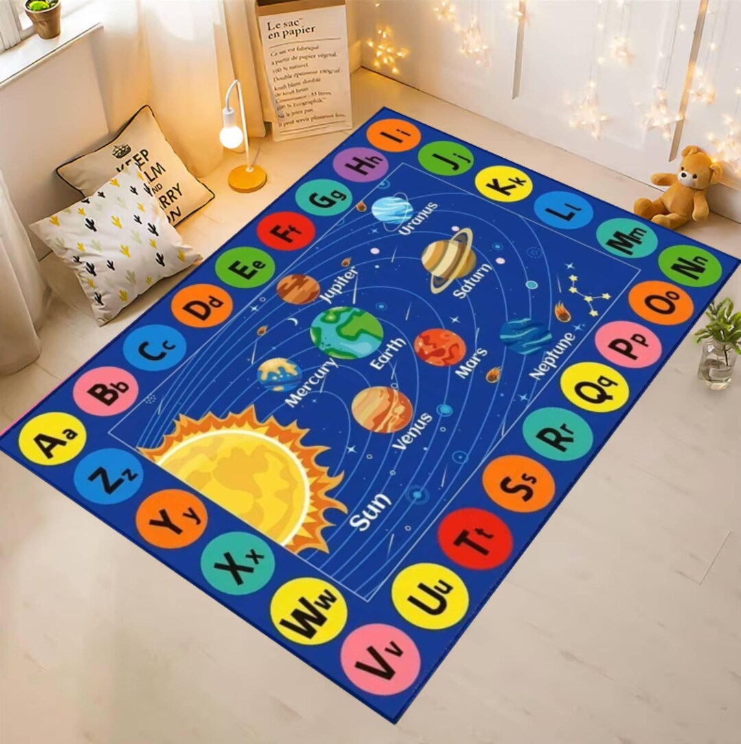 Solar System Play Rug Solar System Alphabet Rug, Educational Space Carpet, Washable Playroom ...