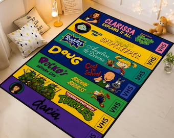 Retro 90s VHS Cartoon Rug, Nostalgic Gamer Room Decor, Washable Non Slip Area Rug, Y2K Bedroom Carpet, Vintage TV Aesthetic