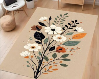 Floral Area Rug, Boho Flower Carpet, Washable Non-Slip Mat