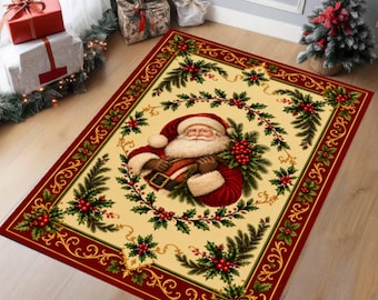 Santa Claus Christmas Rug, Vintage Holiday Area Rug, Washable Non Slip Carpet