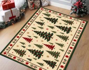 Christmas Tree Area Rug, Washable Non-Slip Holiday Carpet, Farmhouse Nordic Decor