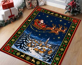 Santa Sleigh Christmas Rug, Reindeer Holiday Decor, Washable Non-Slip Carpet