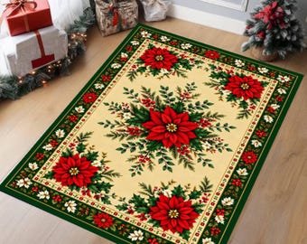 Christmas Poinsettia Area Rug, Washable Non-Slip Holiday Carpet (Red Green Floral)