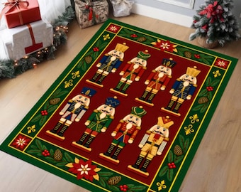 Nutcracker Christmas Rug, Festive Red Green Holiday Area Carpet (Washable)