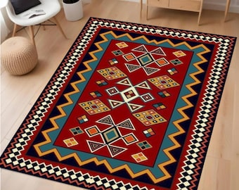 Vintage Tribal Area Rug, Washable Bohemian Carpet, Non Slip Floor Rug, Ethnic Geometric Pattern, Southwestern Style Living Room Decor