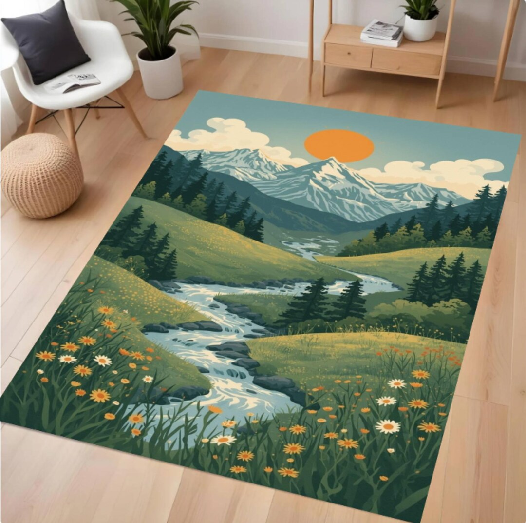 Mountain Landscape Area Rug, Vintage Cottagecore Style, Washable Non ...
