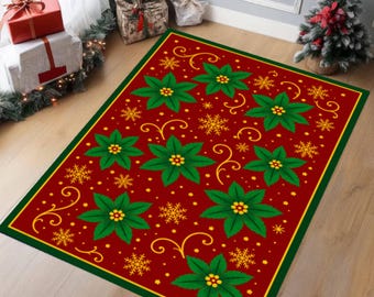 Christmas Poinsettia Area Rug, Washable Non-Slip Holiday Carpet (Red Green Floral)