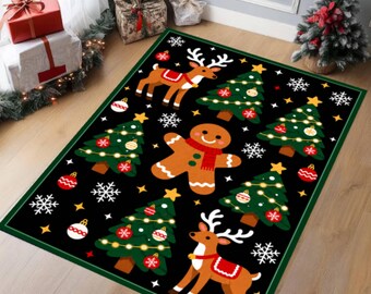 Gingerbread Reindeer Christmas Rug, Washable Non-Slip Holiday Carpet (Kids Room Decor)