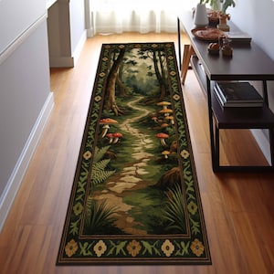 May include: A rectangular runner rug featuring a forest scene with a winding stone path, trees, and mushrooms. The rug has a dark green border with floral and geometric patterns. The color palette includes greens, browns, and touches of red.