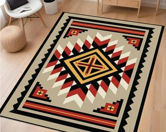Southwestern Geometric Area Rug, Tribal Aztec Style Carpet, Modern Boho Home Decor, Living Room Rug, Washable Area Rug, Non Slip Floor Rug