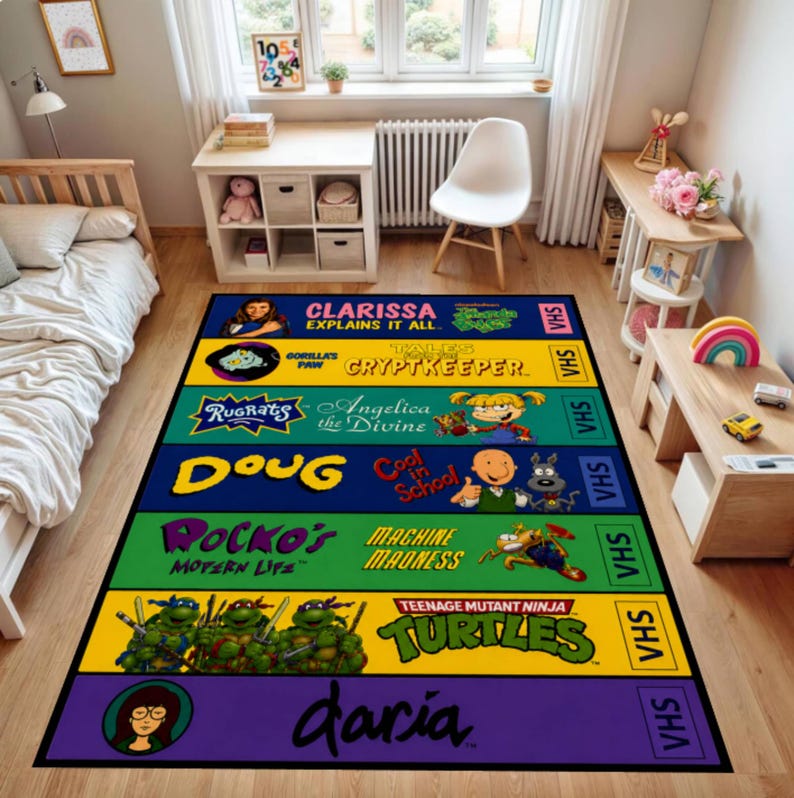 Retro 90s VHS Cartoon Rug, Nostalgic Gamer Room Decor, Washable Non ...