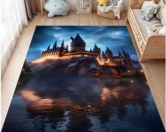 Alfombra de fantasía con diseño de castillo de mago, paisaje mágico nocturno, decoración infantil, base antideslizante lavable, alfombra de fantasía gamer, regalo único para el hogar