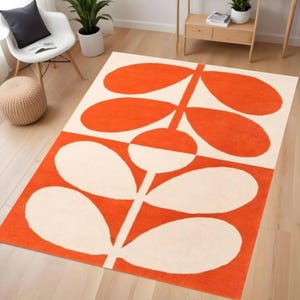 Mid Century Modern Leaf Area Rug, Washable Non Slip Floor Carpet, Bold Orange Scandinavian Botanical Design, Retro Living Room Decor