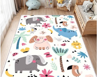 Elephant Kids Rug, Washable Safari Nursery Carpet, Playroom Mat