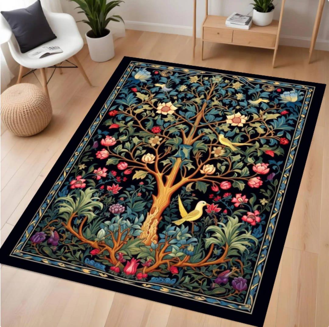 Tree Design Rugs Tree of Life Rug, Floral Botanical Vintage Carpet, Cottagecore Garden ...