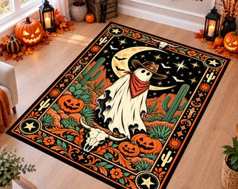 Halloween Ghost Rug, Western Cowboy Decor, Spooky Pumpkin Area Rug, Washable Non Slip Rug, Gothic Desert Carpet, Haunted Western Decor