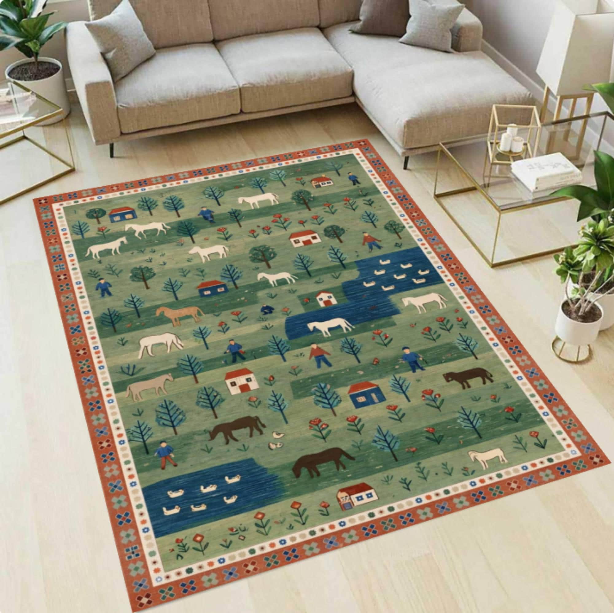 Folk Art Pastoral Scene Area Rug, Farmhouse Country Landscape Carpet ...