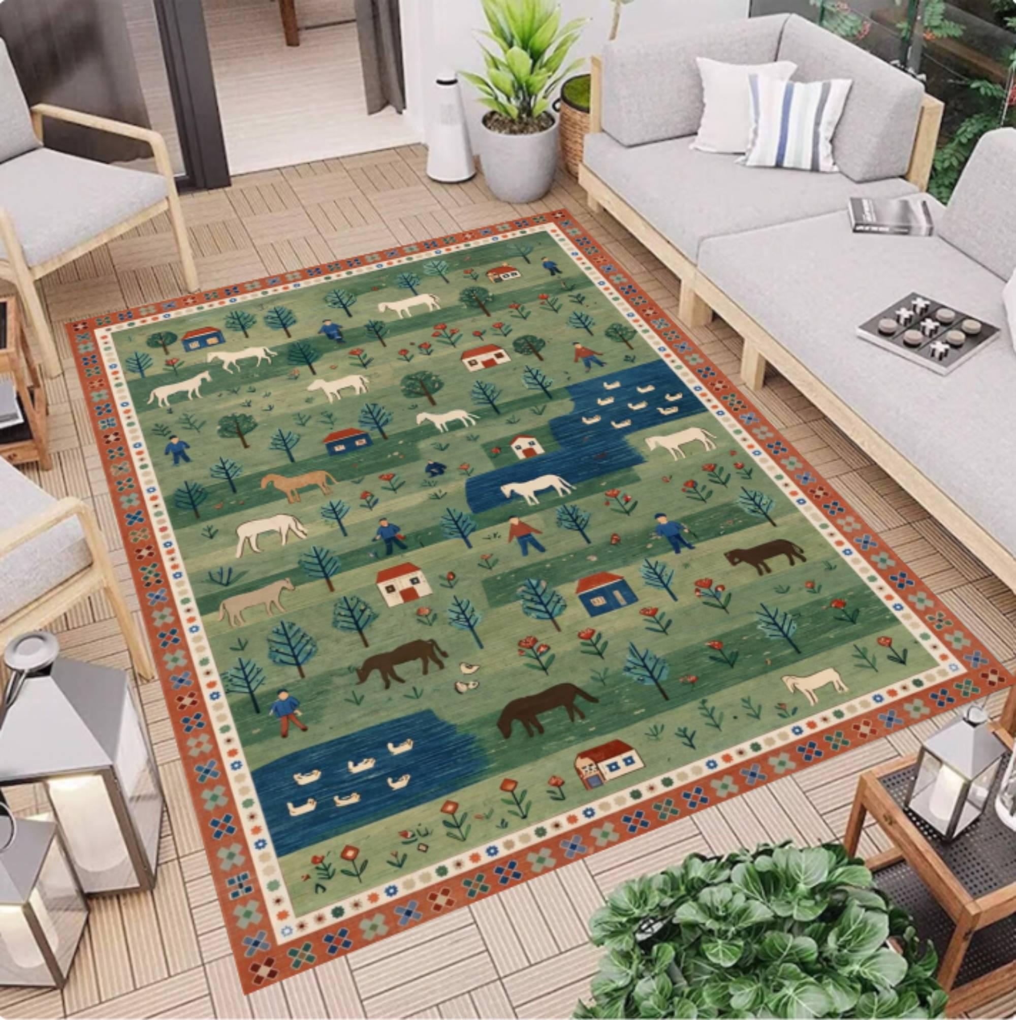 Folk Art Pastoral Scene Area Rug, Farmhouse Country Landscape Carpet ...