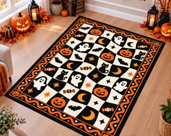 Retro Halloween Checkerboard Rug, Ghost Pumpkin Black Cat Decor, Washable Non Slip Area Rug, Spooky Cute Fall Carpet, Gothic Home Decor