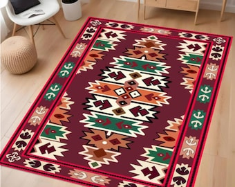 Tribal Aztec Area Rug, Washable Boho Carpet, Non Slip Floor Rug, Southwestern Geometric Design, Rustic Living Room Decor, Ethnic Style Rug