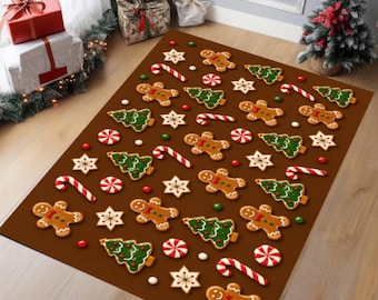 Gingerbread Christmas Cookie Rug, Candy Cane Holiday Carpet, Washable Non-Slip Kitchen Decor